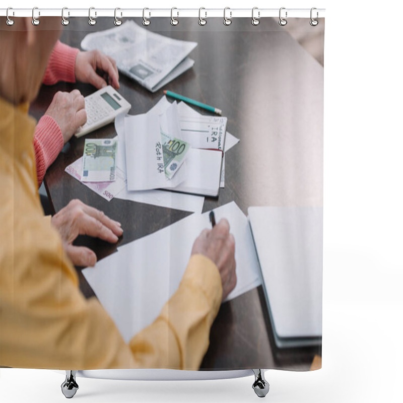 Personality  Senior Couple Sitting At Table With Paperwork, Envelope With 'roth Ira' Lettering And Money Shower Curtains