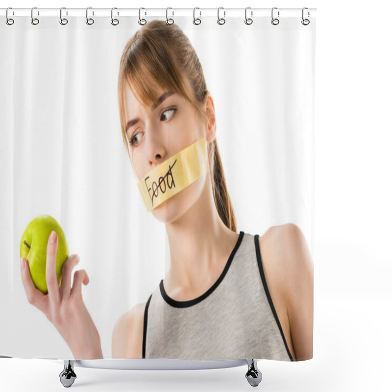 Personality  Young Woman With Stick Tape With Striked Through Word Food Covering Mouth Looking At Apple In Hand Isolated On White Shower Curtains