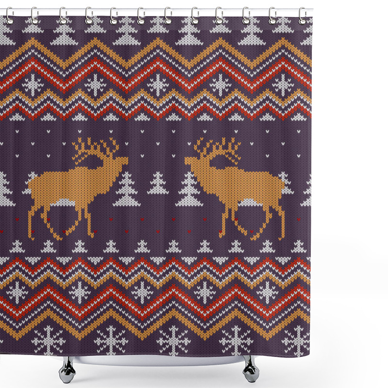 Personality  Christmas Winter Knitted Woolen Seamless Pattern With Red Deer In Snow-covered Spruce Forest Shower Curtains