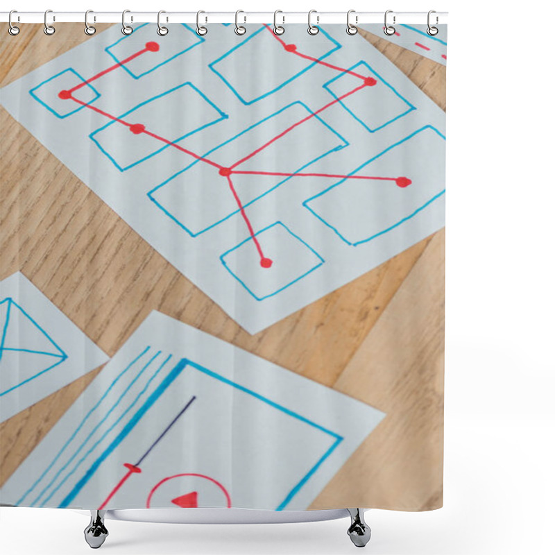 Personality  Top View Of Ux Application Layouts On Wooden Table Shower Curtains