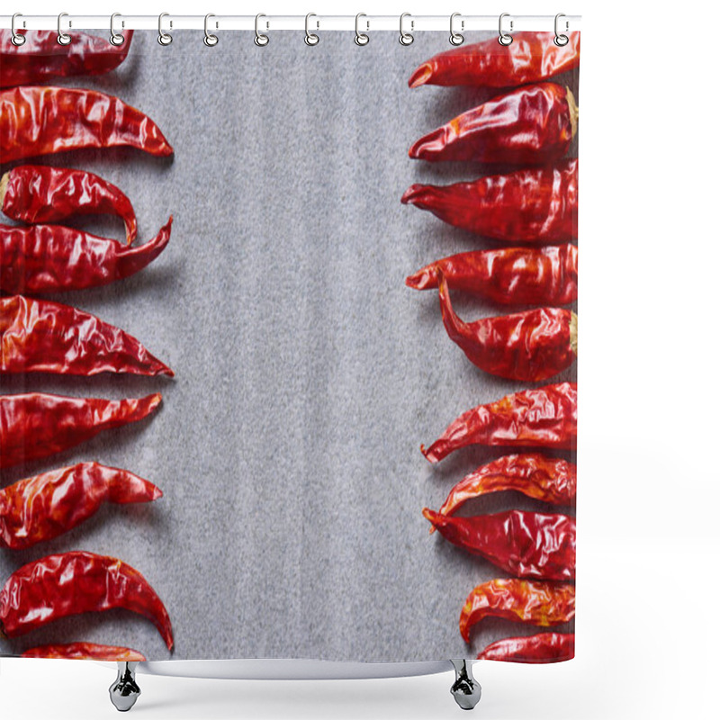 Personality  Top View Of Dried Red Chili Peppers Arranged On Grey Tabletop Shower Curtains