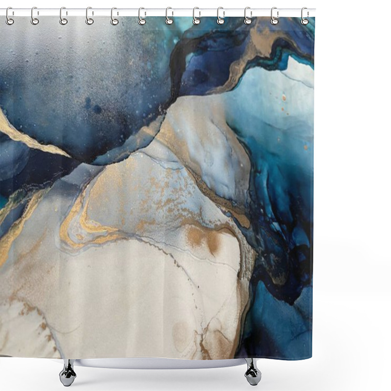 Personality  Abstract Blue Background With Beautiful Smudges And Stains Made With Alcohol Ink And Gold Pigment. Blue Colored Fragment With Texture Resembles Watercolor Or Aquarelle Painting. Shower Curtains