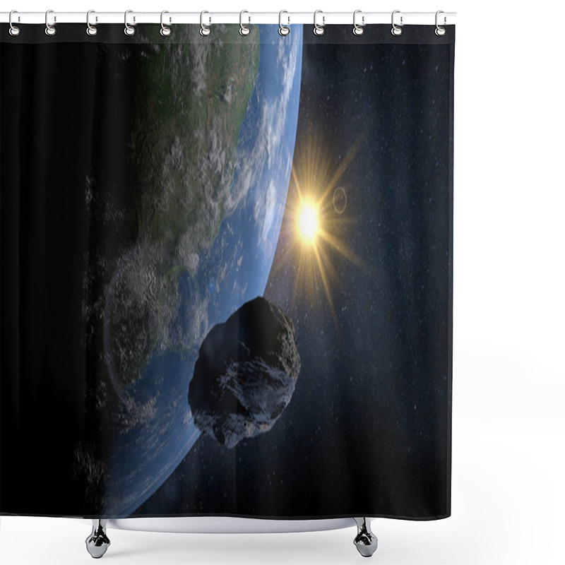 Personality  Small Rock Asteroid Passing Very Close To Planet Earth With The Sun Shining In The Background. 3D Illustration Shower Curtains