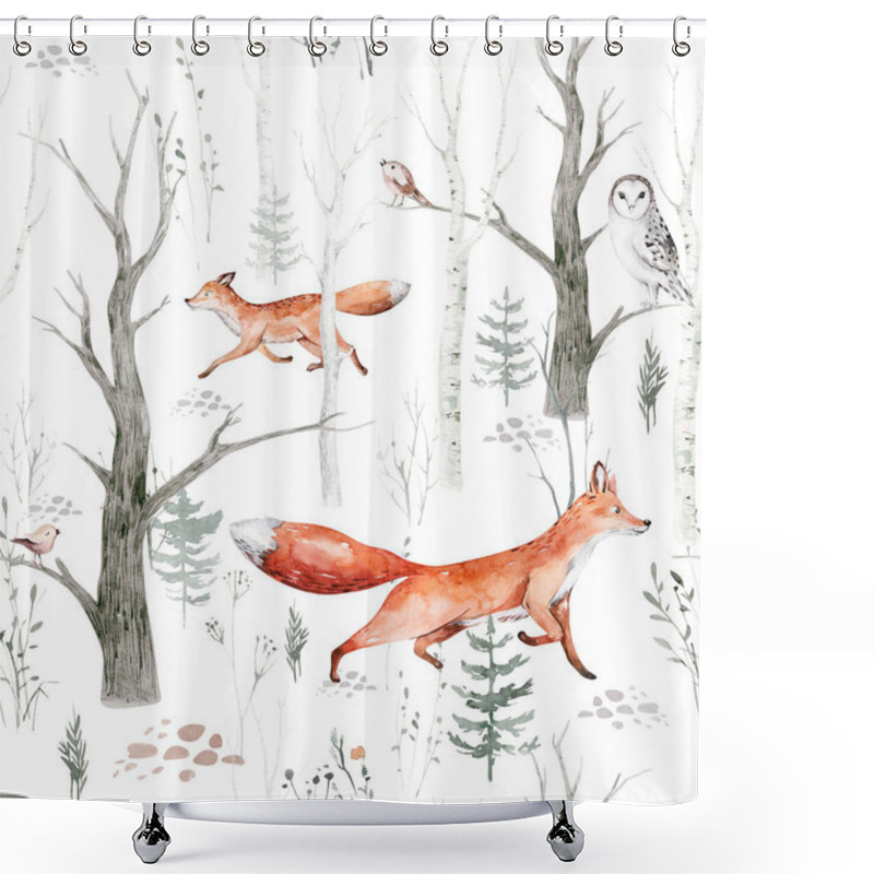 Personality  Watercolor Woodland Animals Seamless Pattern. Fabric Wallpaper Background With Owl, Hedgehog, Fox And Butterfly, Bunny Rabbit Set Of Forest Squirrel And Chipmunk, Bear And Bird Baby Animal, Scandinavian Nursery Shower Curtains