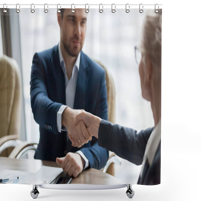 Personality  Close Up Of Business Partners Handshaking At Briefing Shower Curtains