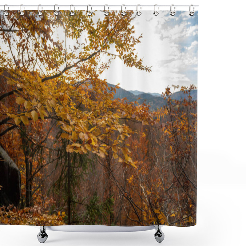 Personality  Golden Autumn Leaves On Branches With A Scenic Mountain Landscape In The Background. Sunlight Filters Through, Enhancing The Warm Tones Of Fall Foliage. Perfect For Nature, Autumn, And Outdoor Themes Shower Curtains