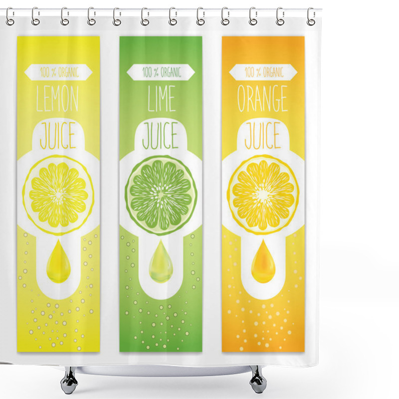 Personality  Lemon, Lime And Orange Fresh Juice Label Template For Citrus Fruit Products. Three Banners With Fruit Slices, Juice Drops And Bubbles Shower Curtains