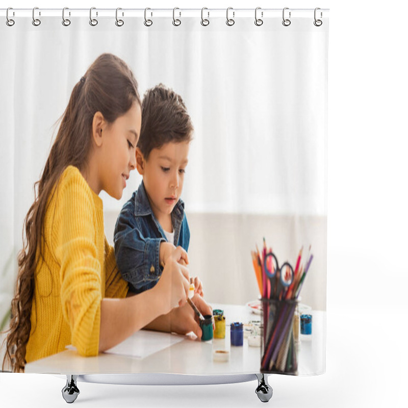 Personality  Concentrated Brother And Sister Sitting At Table And Drawing With Paints Togerther Shower Curtains