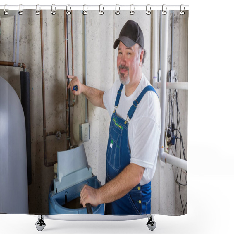 Personality  Friendly Workman Working On A Water Softener Shower Curtains