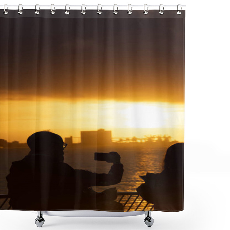 Personality  Silhouettes Of People Capturing A Golden Sunset Over The Ocean With A Smartphone Shower Curtains