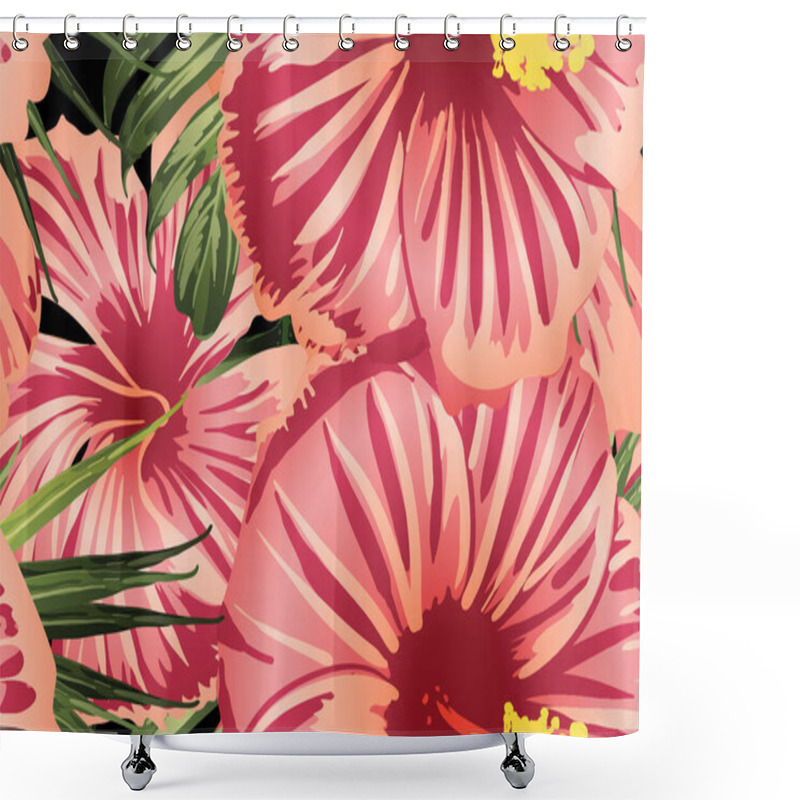 Personality  Green Red Exotic Pattern. Monstera And Hibiscus Flowers Tropical Bouquet.  Saturated Large Floral Swimwear Print. Horizontal Romantic Wild Vector Exotic Tile. Bonny Spring Botanical Design. Shower Curtains