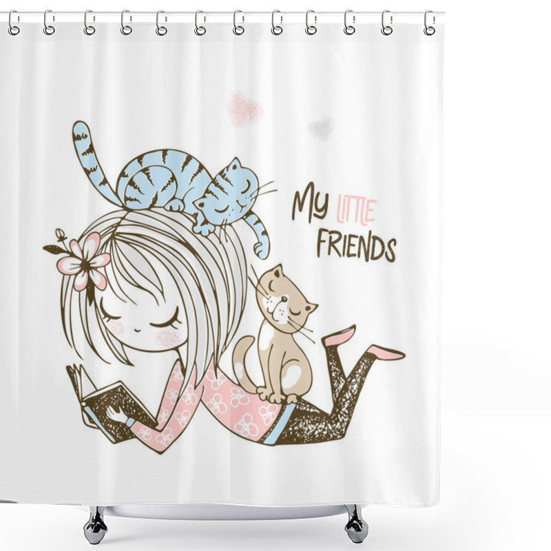 Personality  Cute Girl Reading A Book In The Company Of Small Kittens. Vector. Shower Curtains