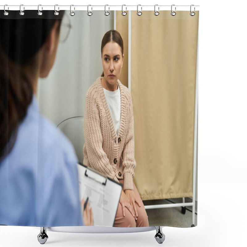 Personality  A Gynecologist In A Lab Coat Discusses Health Concerns With A Female Patient In A Clinic. Shower Curtains