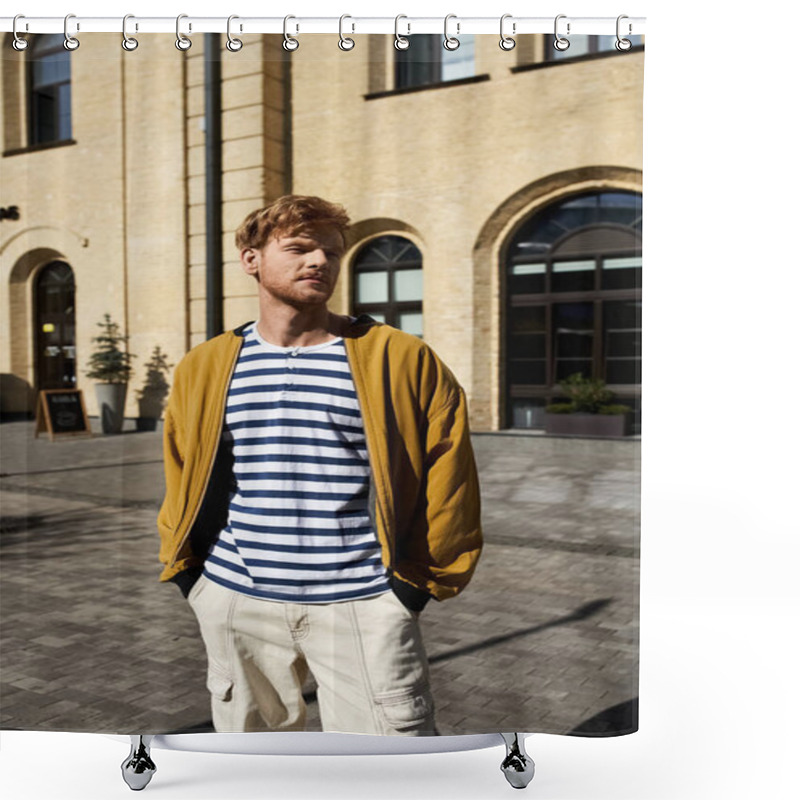 Personality  Stylish Man In Debonair Attire Gazing At Architectural Beauty. Shower Curtains