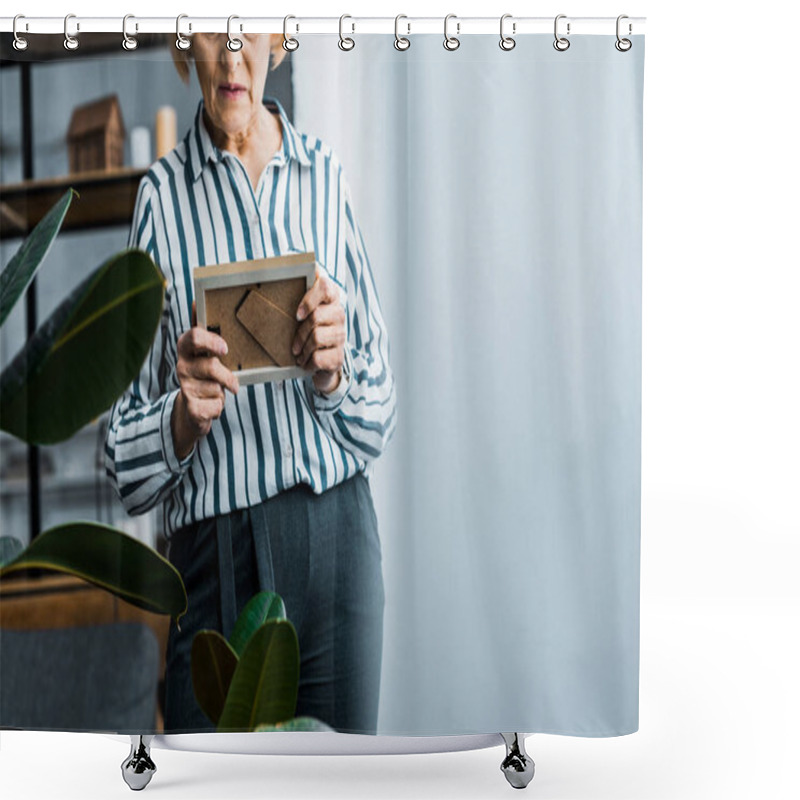 Personality  Cropped View Of Senior Woman Looking At Picture Frame At Home With Copy Space Shower Curtains