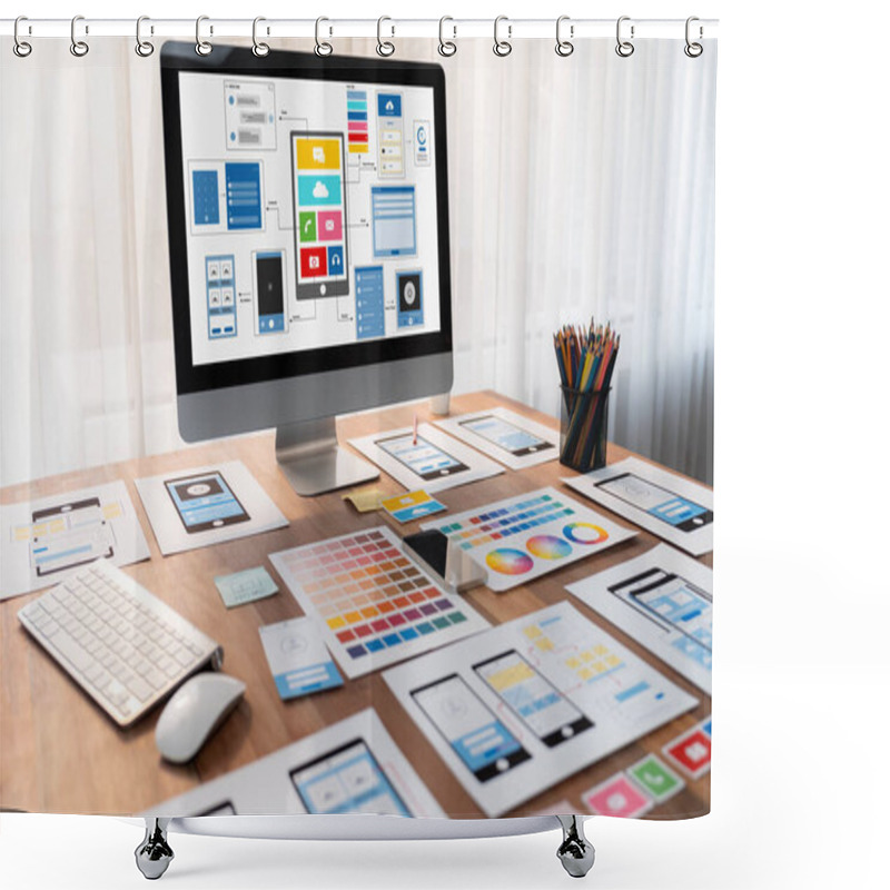 Personality  Digital And Paper Wireframe Designs For Web Or Mobile App UI UX Display On Laptop Computer Screen. Panoramic Shot Of Developer Workspace For Brainstorming And Design Application Framework. Scrutinize Shower Curtains