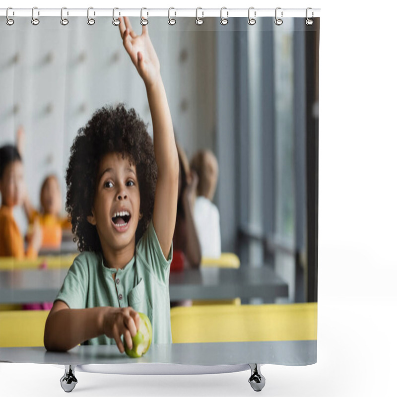 Personality  African American Schoolboy Waving Hand Near Apple And Kids On Blurred Background Shower Curtains