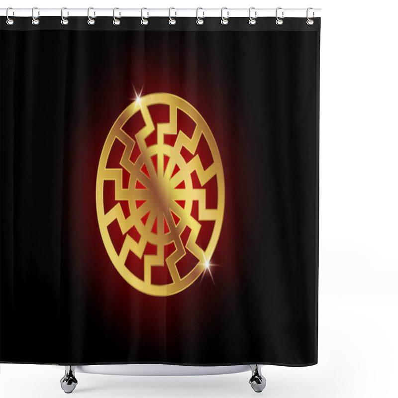 Personality  Black Sun Sonnenrad Symbol, Gold Sun Wheel Sign. The Ancient European Esoteric Sign. Golden Logo Graphic Element Circle Shape. Vector Geometric Isolated Or Black Background  Shower Curtains