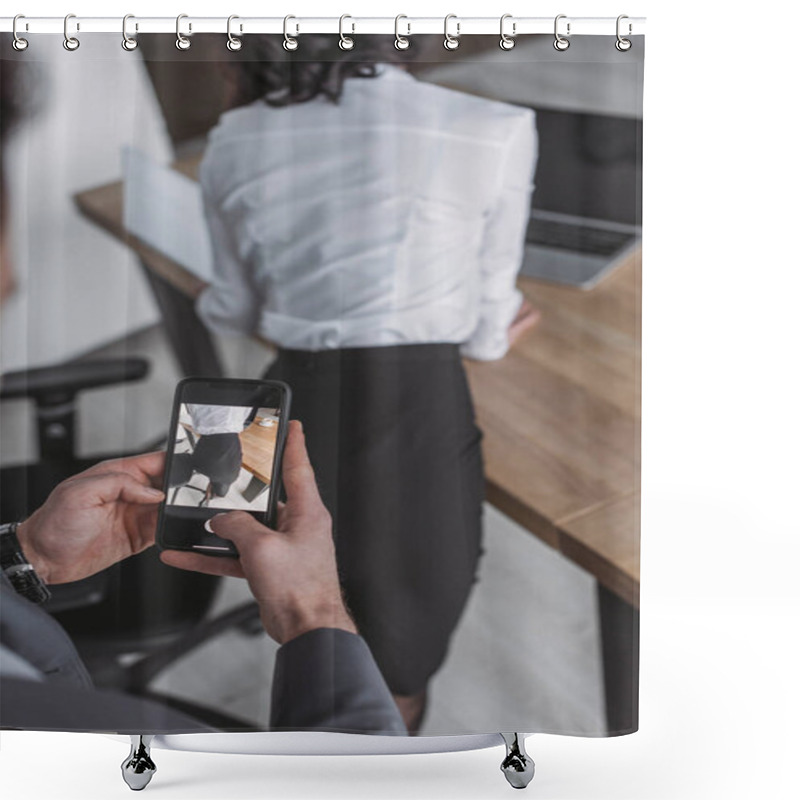 Personality  Cropped View Of Businessman Taking Photo Of Buttocks Of Secretary On Smartphone Shower Curtains