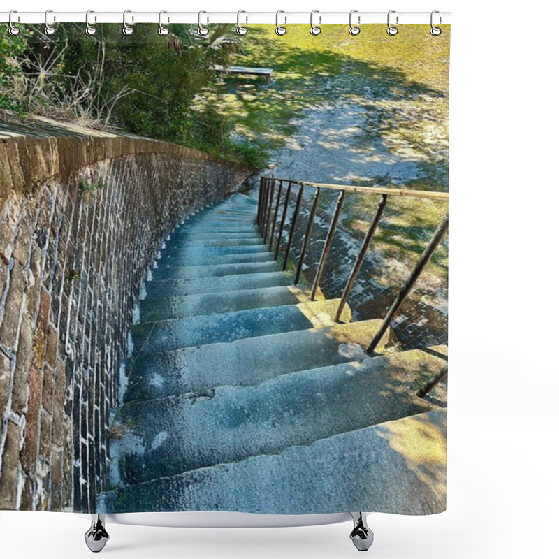 Personality  A Moss-covered Stone Staircase With An Iron Railing Curves Gently Downward At Fort Pickens, Florida. The Blend Of Nature And History Creates A Mood Of Discovery And Quiet Reflection. Shower Curtains