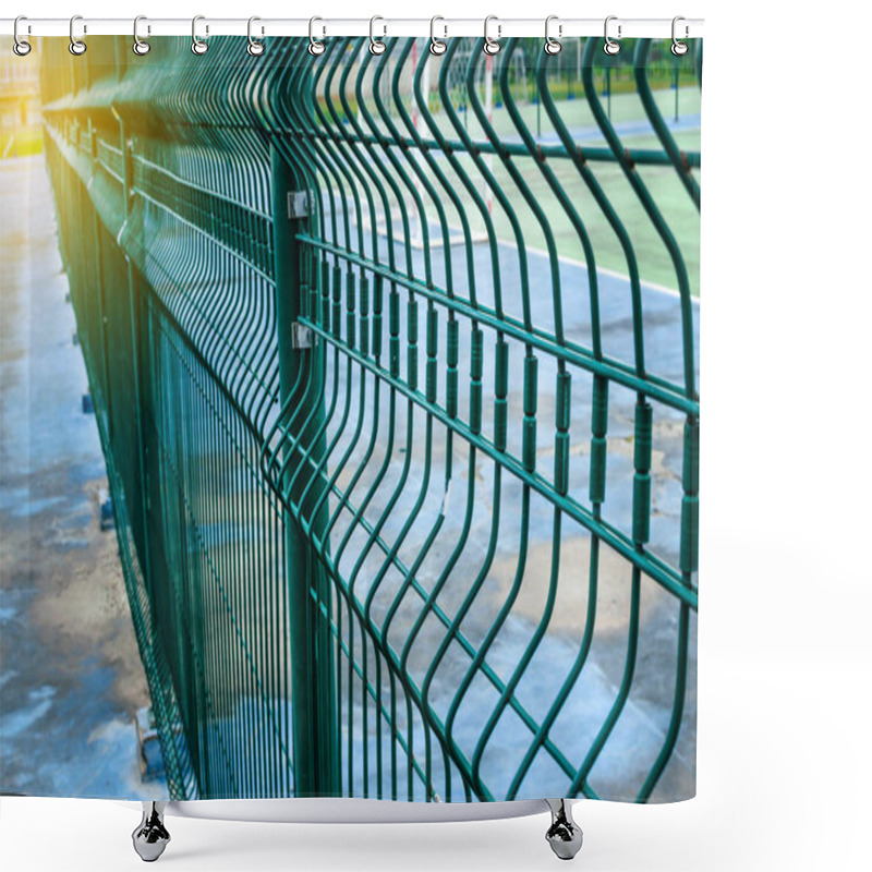 Personality  Green Metal Fence Wire, Grass And Sky In The Background Shower Curtains