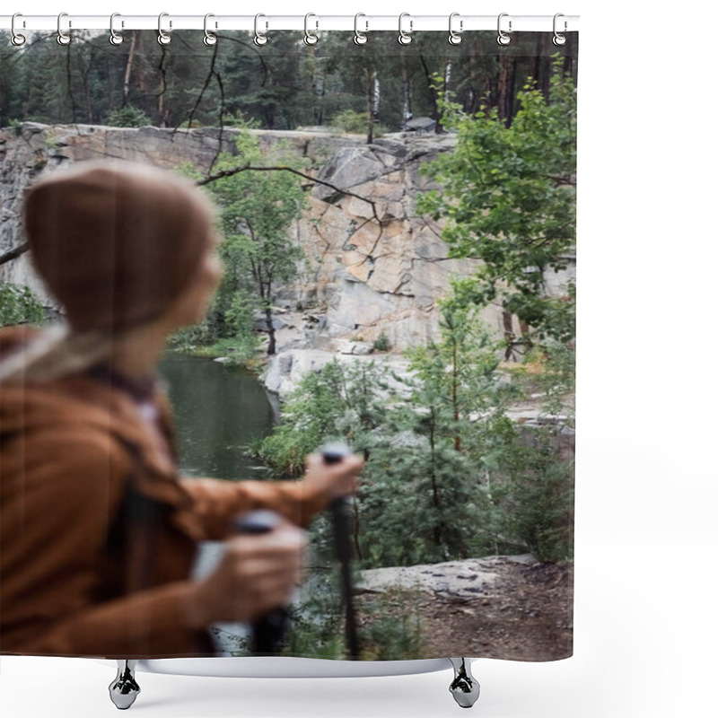 Personality  Back View Of Blurred Woman Standing With Hiking Sticks Near Cliff And Lake Shower Curtains