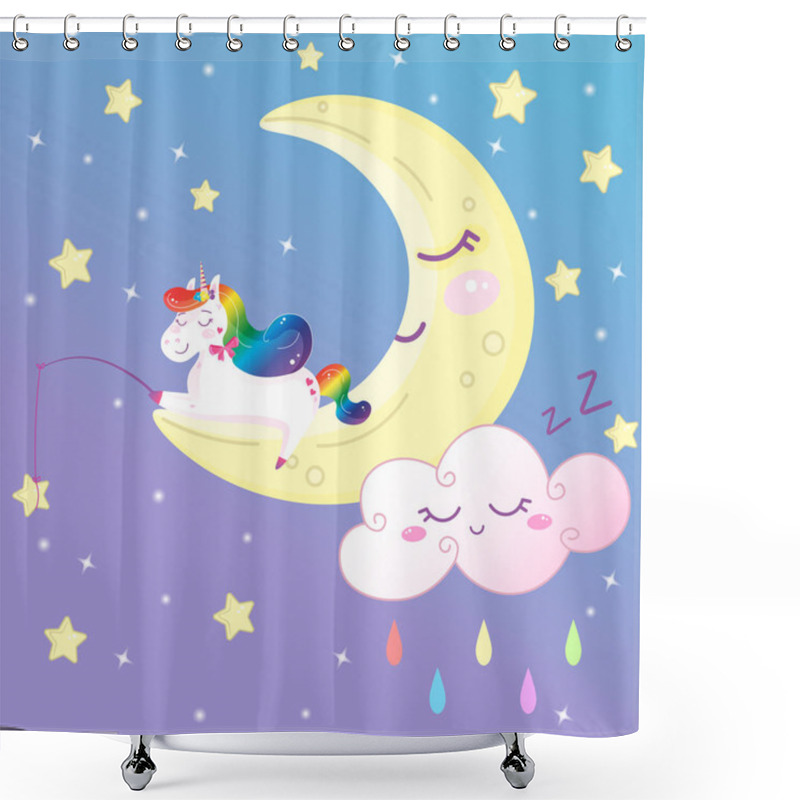 Personality  Cute Magical Rainbow Unicorn On The Moon Catching Stars. Cartoon Vector Print Decoration For Kids Shower Curtains