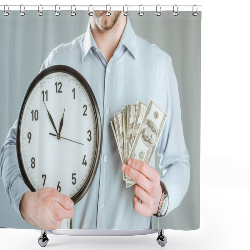 Personality  Close-up View Of Businessman Showing Money And Clock Isolated On Grey Shower Curtains