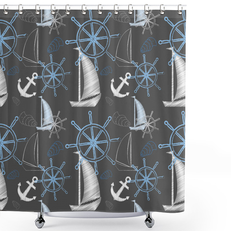 Personality  Vector Seamless Sea Pattern With Ships, Ship's Wheel, Anchor. Cartoon Print. Vector Illustration. Scrapbook Paper, Wrapping Paper. Shower Curtains