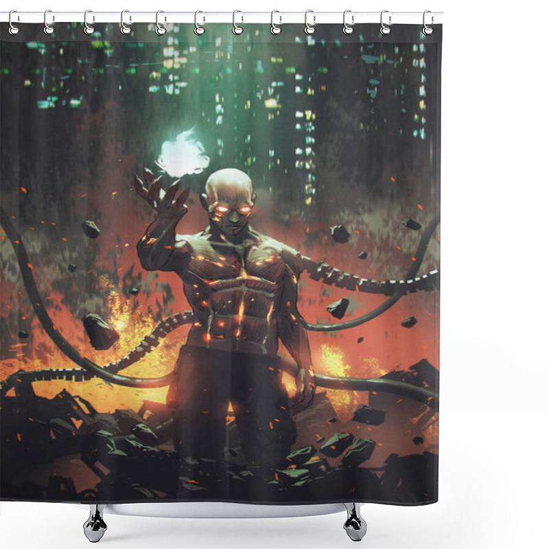 Personality  Experimental Man With Glowing Power Standing In The Ruin, Digital Art Style, Illustration Painting Shower Curtains