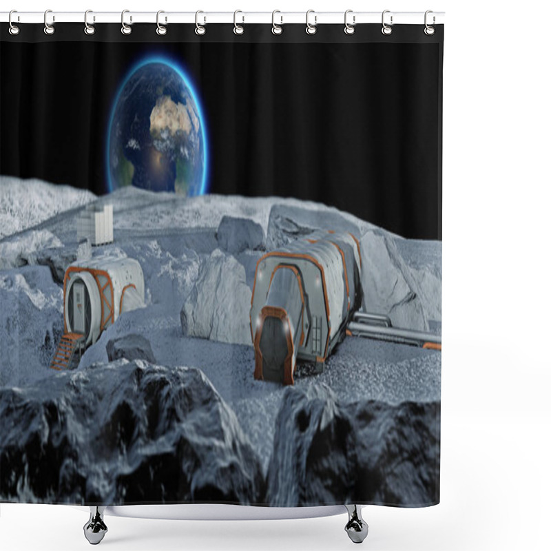 Personality  Lunar Base, Spatial Outpost. First Settlement On The Moon. Space Missions. Living Modules For The Conquest Of Space. 3d Rendering. The Earth Seen From The Moon Shower Curtains