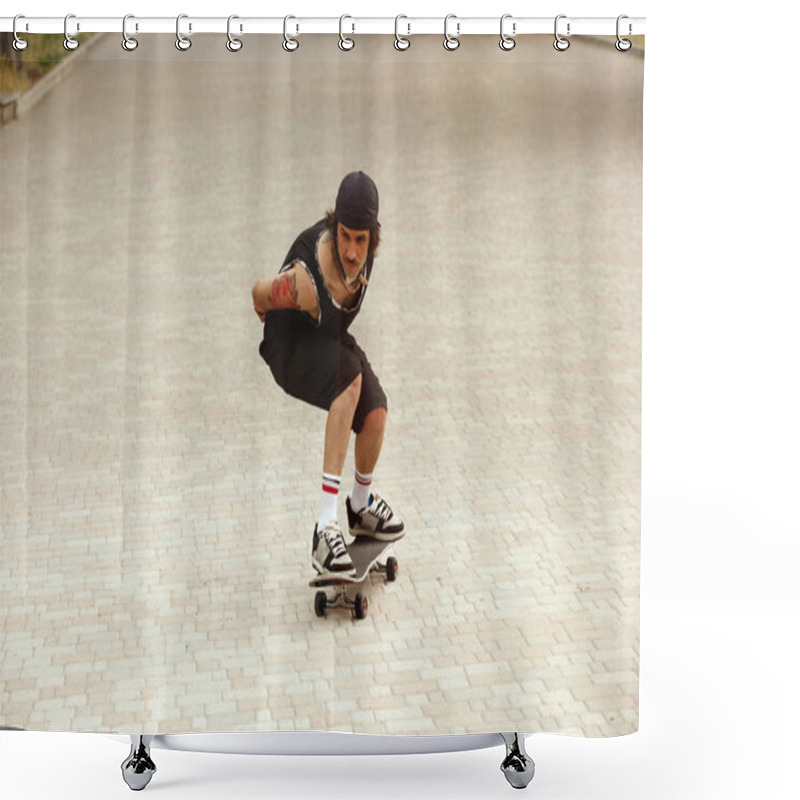 Personality  Skateboarder Doing A Trick At The Citys Street In Cloudly Day Shower Curtains