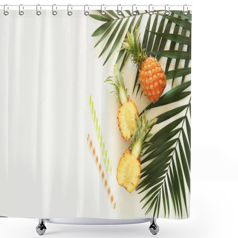 Personality  Tropical Green Palm Leaves Branches And Fruits Pineapples Top View On A White Background. Food Concept.copy Space Shower Curtains