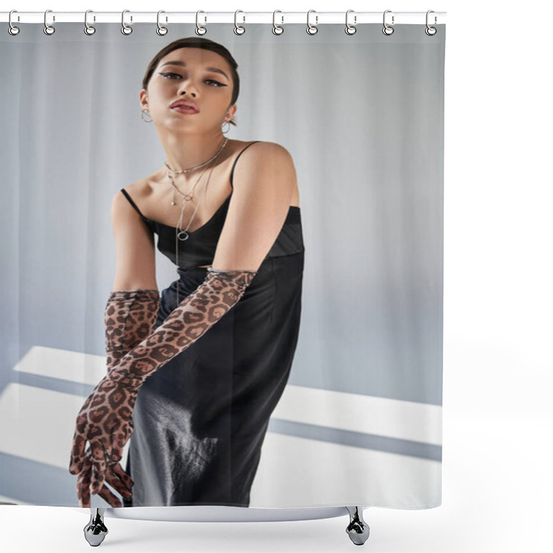 Personality  Spring Fashion, Seductive Asian Woman With Expressive Gaze And Bold Makeup Looking At Camera On Grey Background With Lighting, Black Strap Dress, Animal Print Gloves, Silver Necklaces Shower Curtains