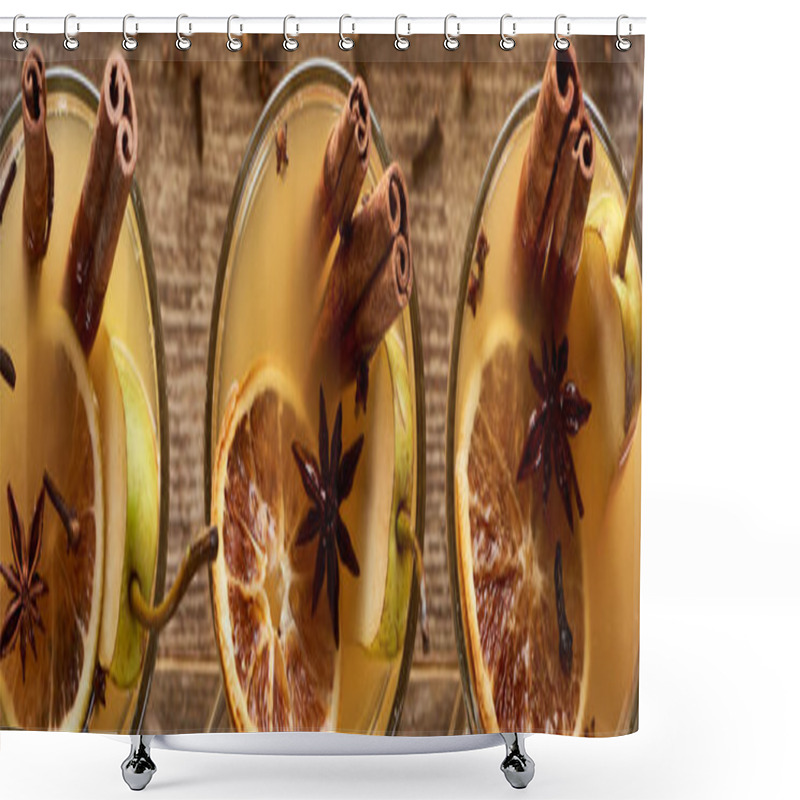 Personality  Top View Of Traditional Pear Mulled Wine In Glasses With Spices On Wooden Rustic Table, Panoramic Shot Shower Curtains