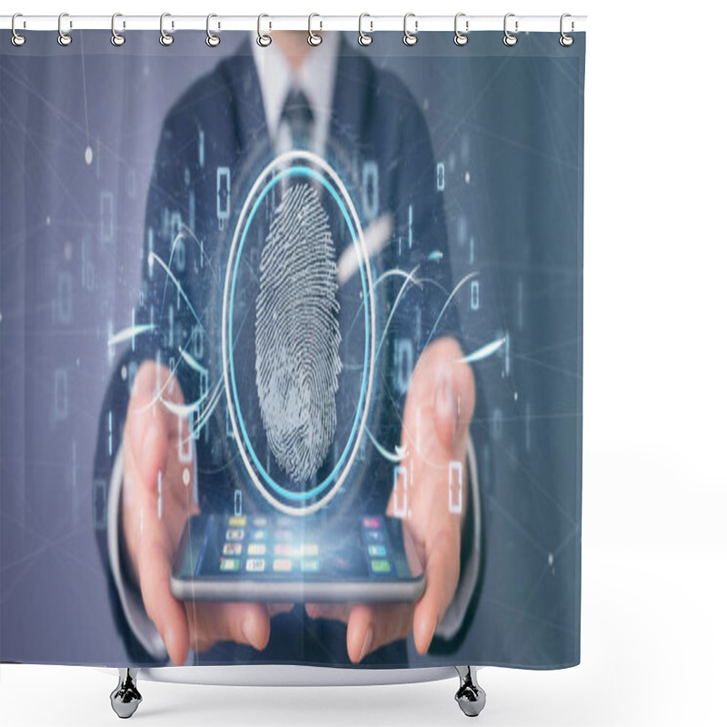 Personality  View Of A Businessman Holding A Digital Fingerprint Identification And Binary Code 3d Rendering Shower Curtains