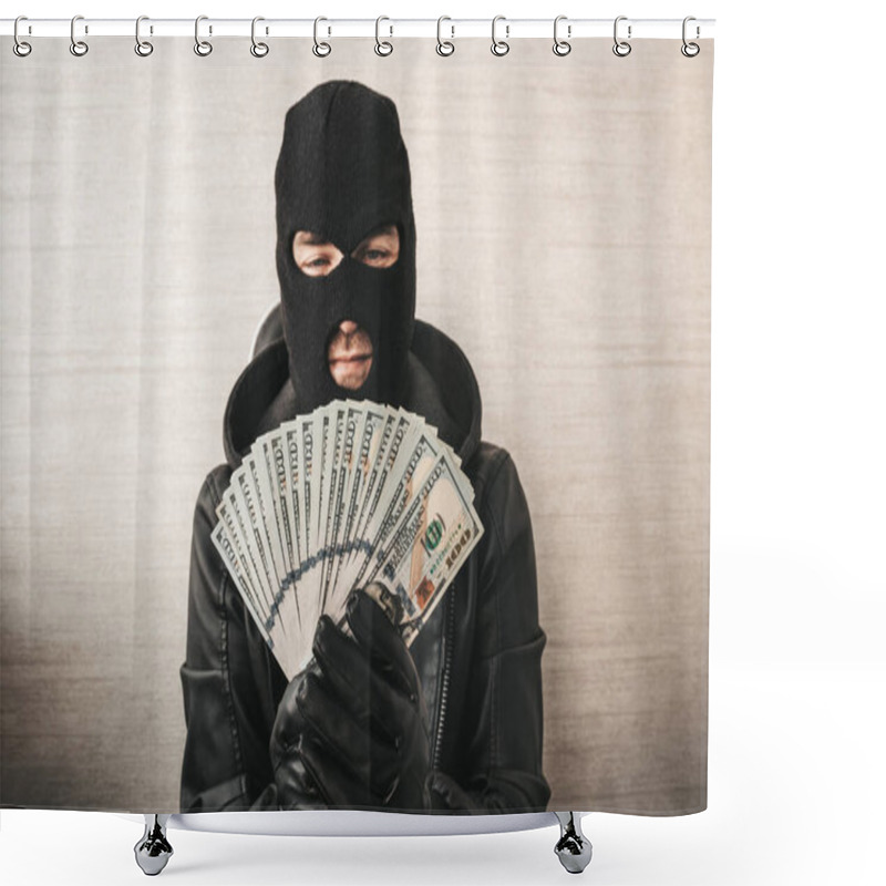 Personality  Close Up Portrait Of Sneaky Burglar With Black Mask And Gloves Counting Money On White Background. Focus On Money. Shower Curtains