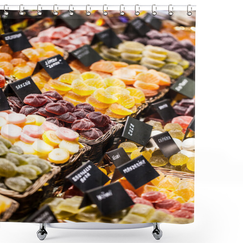 Personality  Market Stall Full Of Candys In La Boqueria Market. Barcelona. Catalonia. Shower Curtains