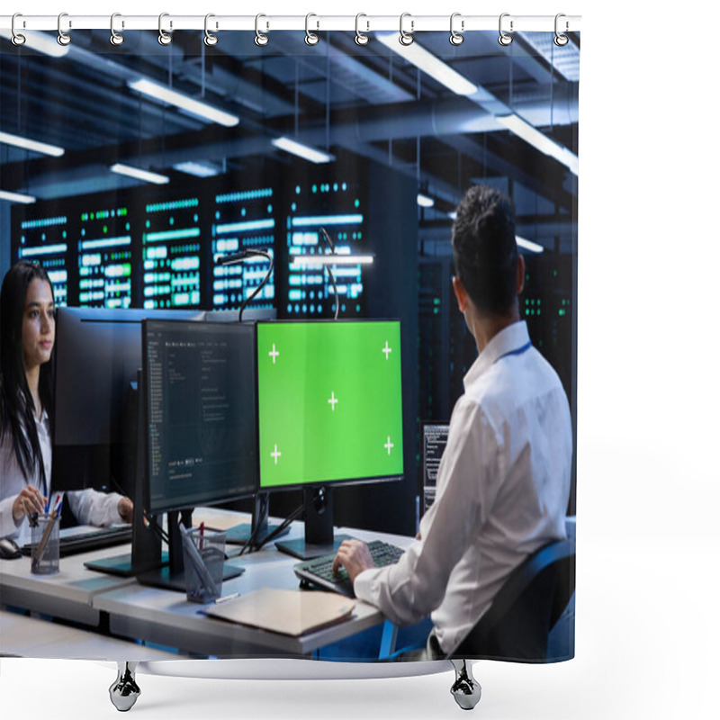 Personality  Admin Coworkers Using Mockup Computer Monitor To Check Server Clusters Configuration Settings. Professionals Checking Event Logs In Monitoring Software On Chroma Key PC In Data Center Shower Curtains