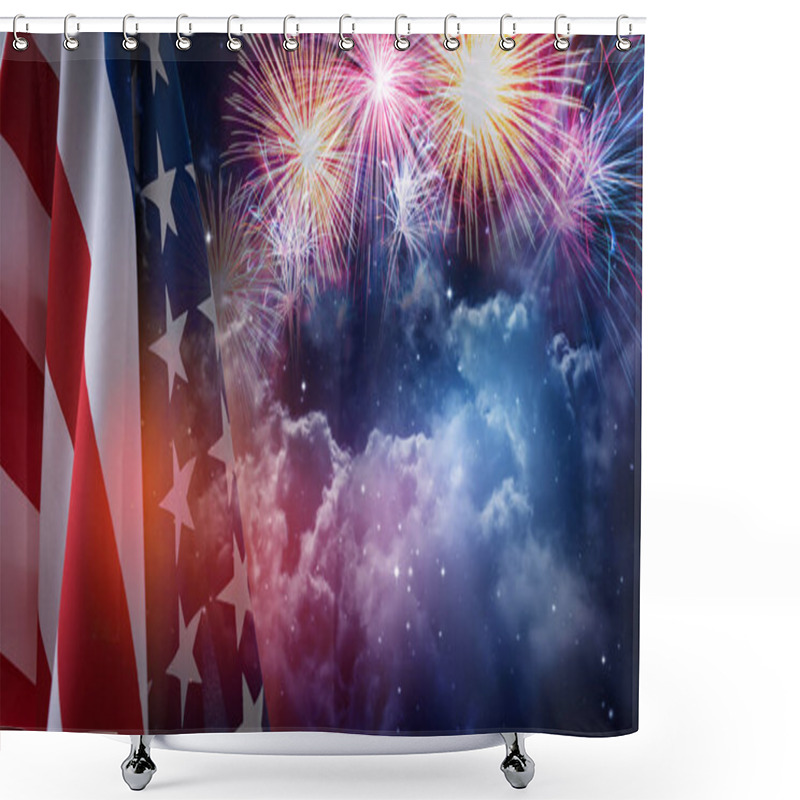 Personality  American Flag And Fireworks With Night Sky Background. Shower Curtains