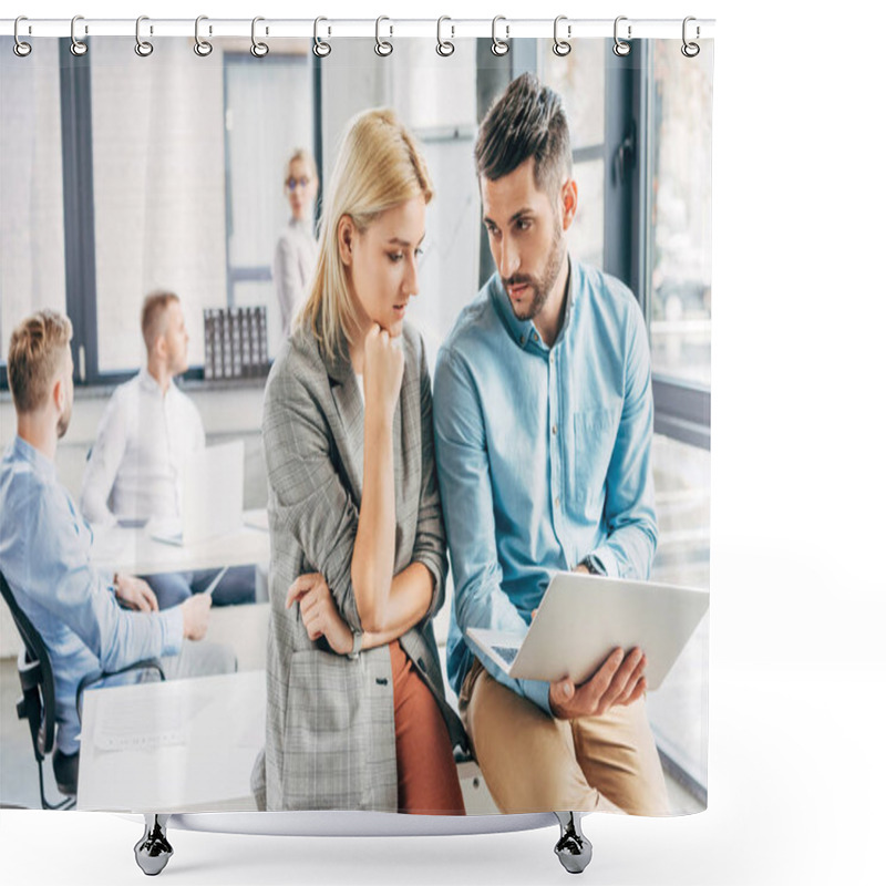 Personality  Focused Young Business Colleagues Working With Laptop In Office Shower Curtains