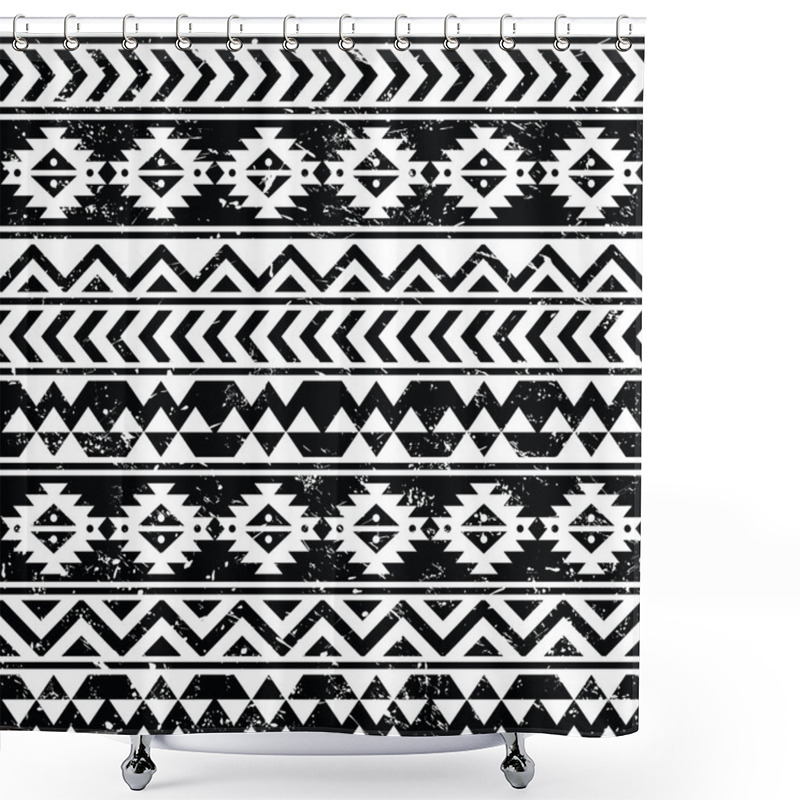 Personality  Aztec Tribal Seamless Grunge White Pattern On Black Background Shower Curtains