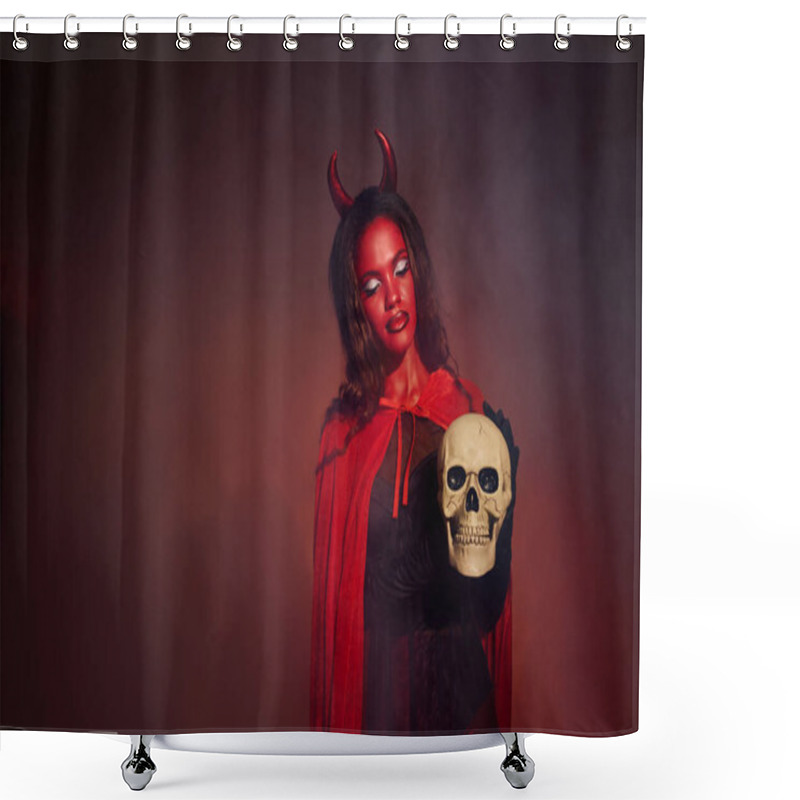 Personality  A Captivating Woman In A Devil Costume Stands Confidently, Clutching A Skull In A Spooky Atmosphere. Shower Curtains