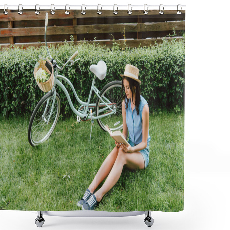 Personality  Trendy Girl In Straw Hat Reading Book And Sitting On Grass Near Bicycle With Wicker Basket  Shower Curtains