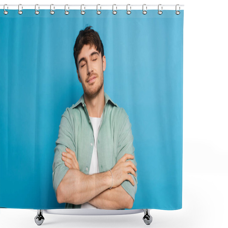 Personality  Dreamy Man With Closed Eyes Standing With Crossed Arms On Blue Shower Curtains