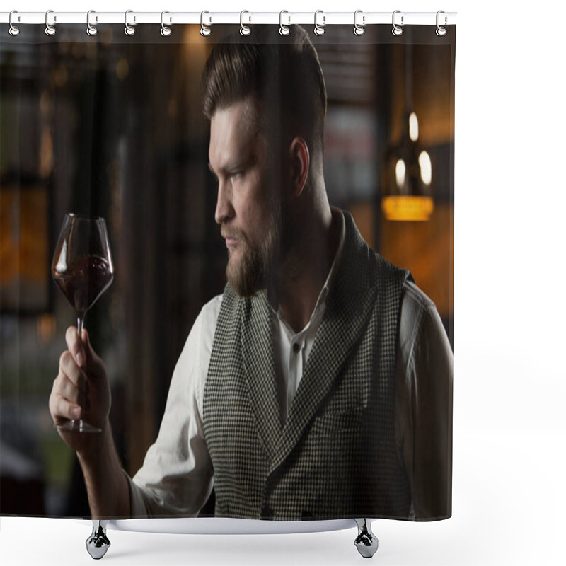 Personality  Professional Sommelier Man With A Glass Of Red Wine. Selective Focus Shower Curtains