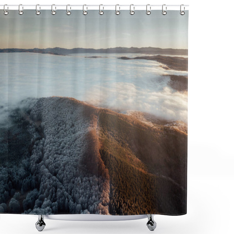 Personality  Aerial View Of Foggy Forest At Sunrise. Changing The Seasons From Autumn To Winter. Frosty Trees From Above. Nature Background. Shower Curtains