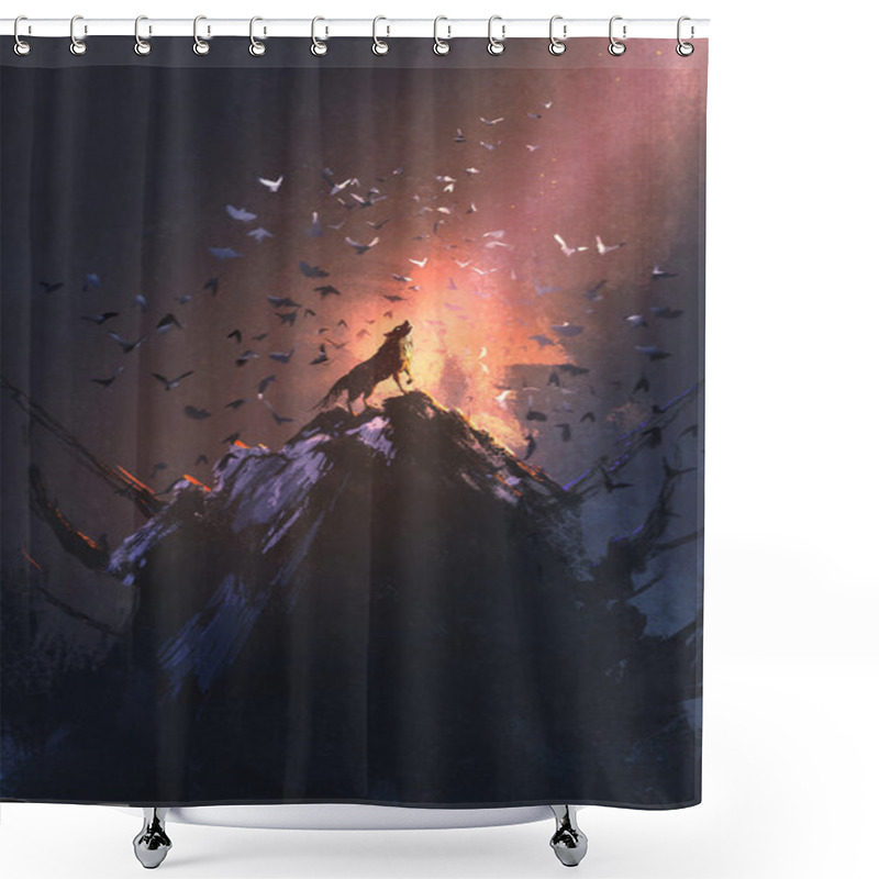 Personality  Howling Wolf On Rock With Bird Flying Around Shower Curtains