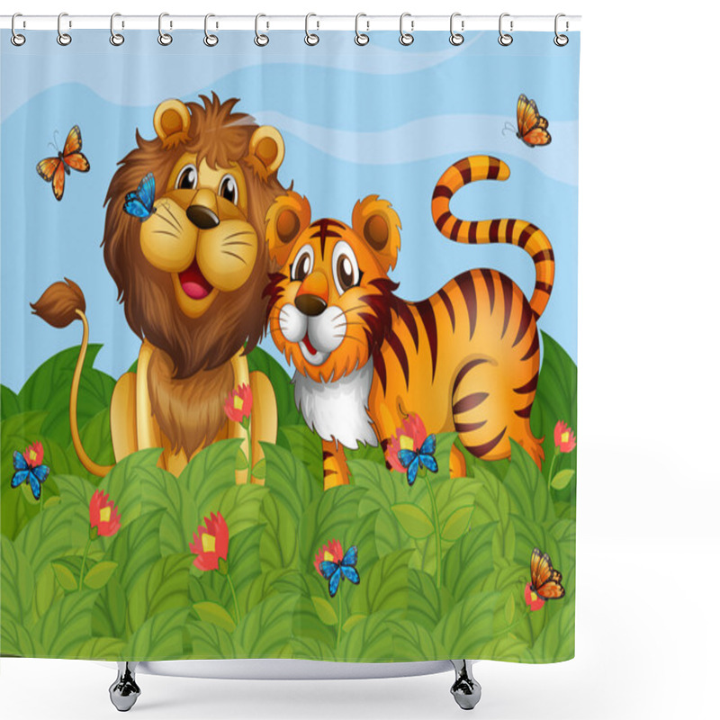 Personality  A Lion, Tiger And Butterflies In The Garden Shower Curtains