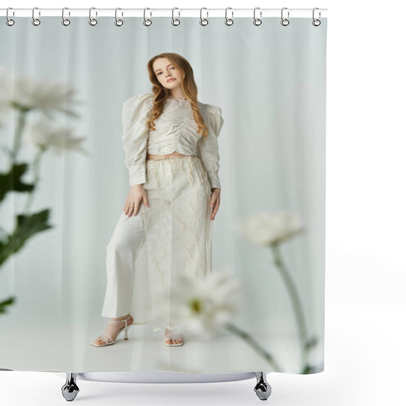 Personality  Woman In A Delicate Outfit Surrounded By Beautiful Flowers Exuding Natural Charm. Shower Curtains